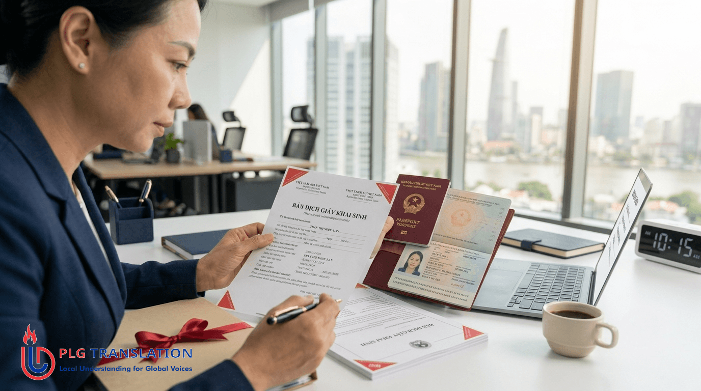 Dịch Thuật Công Chứng Giấy Tờ Cá Nhân: Khai Sinh, Học Bạ, Kết Hôn, Lý Lịch Tư Pháp 6 Chuyên viên đang cẩn thận đối chiếu thông tin trên bản dịch giấy khai sinh và hộ chiếu trước khi nộp hồ sơ