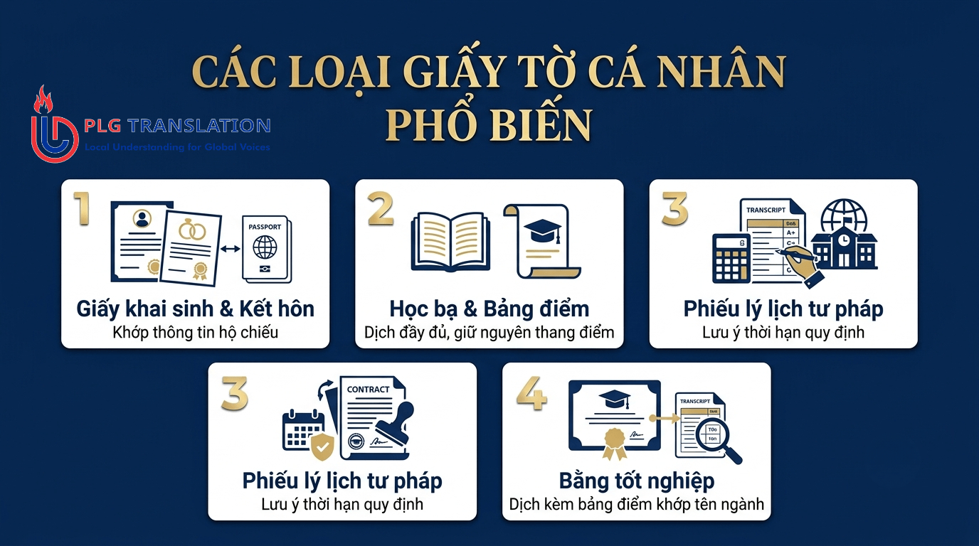 Dịch Thuật Công Chứng Giấy Tờ Cá Nhân: Khai Sinh, Học Bạ, Kết Hôn, Lý Lịch Tư Pháp 5 Phân loại và lưu ý quan trọng đối với các nhóm giấy tờ cá nhân phổ biến khi làm hồ sơ quốc tế