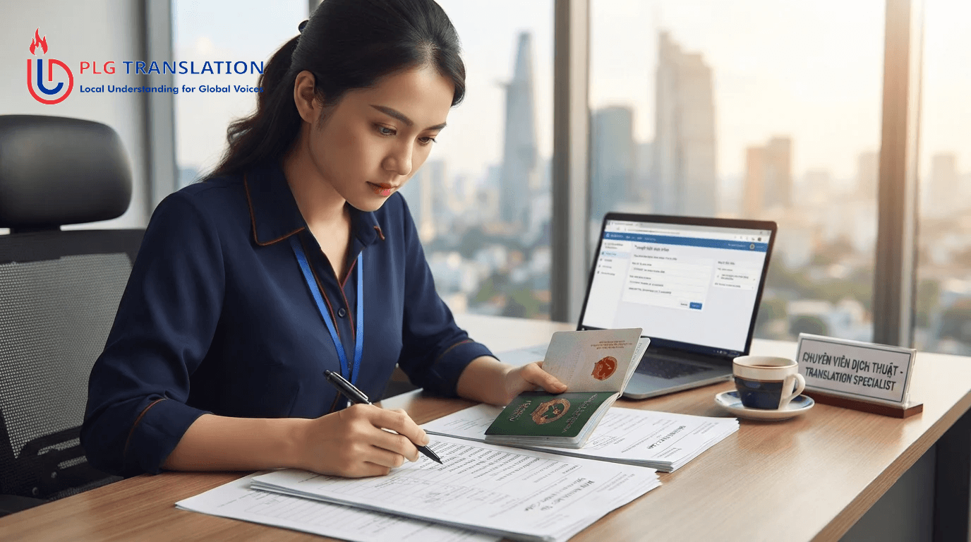 Dịch Thuật Hồ Sơ Du Học Nhật Bản: Giấy Tờ Cần Dịch Và Lưu Ý Cập Nhật 2026 6 Chuyên viên đang cẩn thận kiểm tra, đối chiếu thông tin bản dịch học bạ và bảng điểm chuẩn bị cho hồ sơ du học Nhật Bản